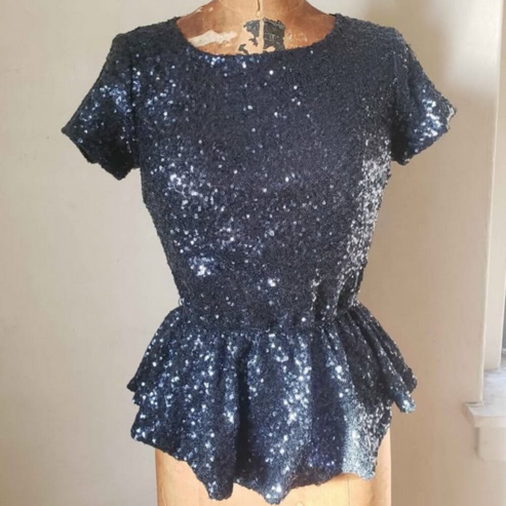 Sequin cap sleeve stretchy peplum top S, midnight blue